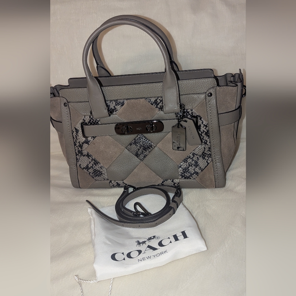 COACH SWAGGER PATCHWORK CARRYALL MULTI-COLOR SATCHEL BAG GRAY EUC